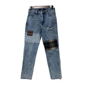 Hollister Patchwork Plaid Ultra High-Rise Ankle Women’s Acid Washed Raw Hem Jean